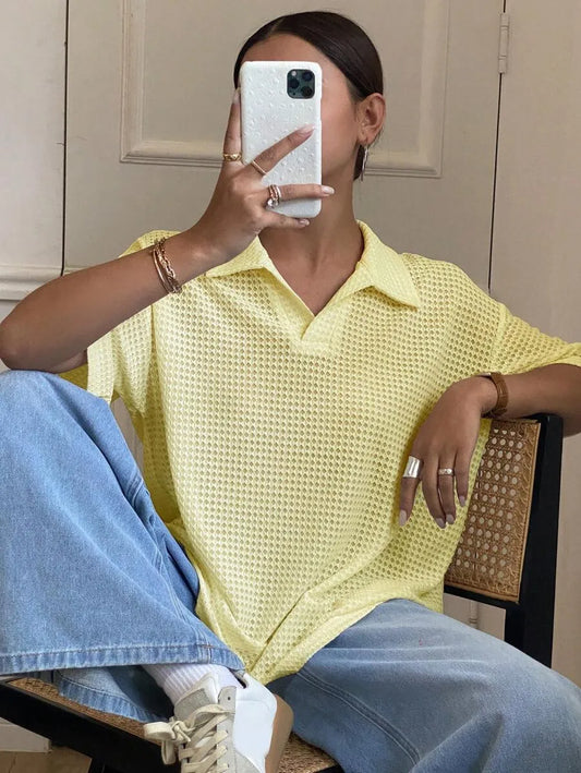 SHEIN تيشيرت نسائي شبكي بياقة بولو أصفر فاتح