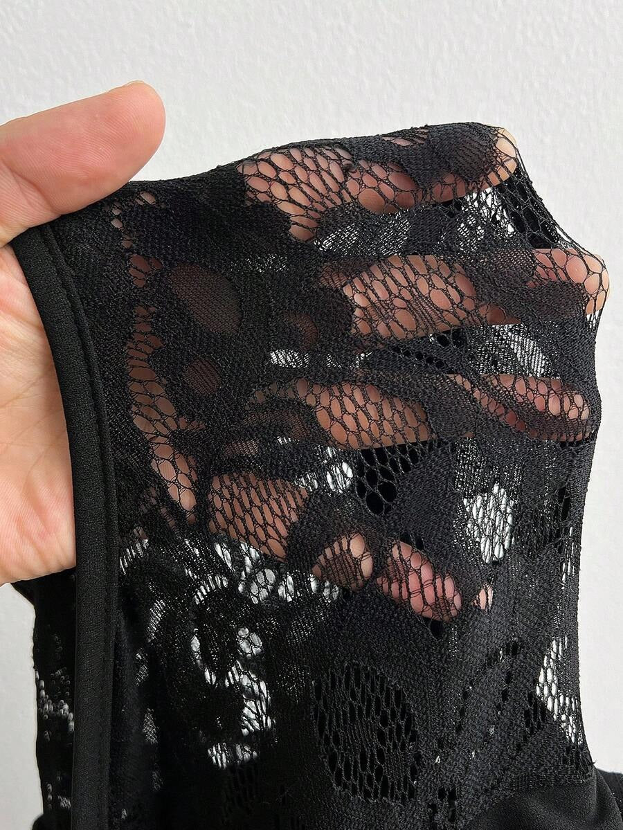 SHEIN Elenzga فستان أنيق مزين بالدانتيل والفيونكة بلون أسود