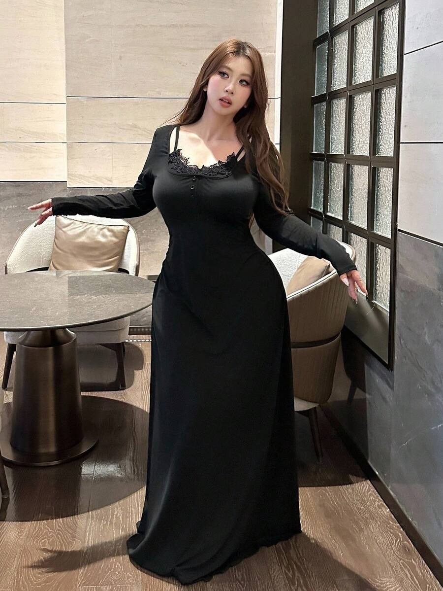 SHEIN Vibekara فستان طويل أسود مزين بالدانتيل والزهور