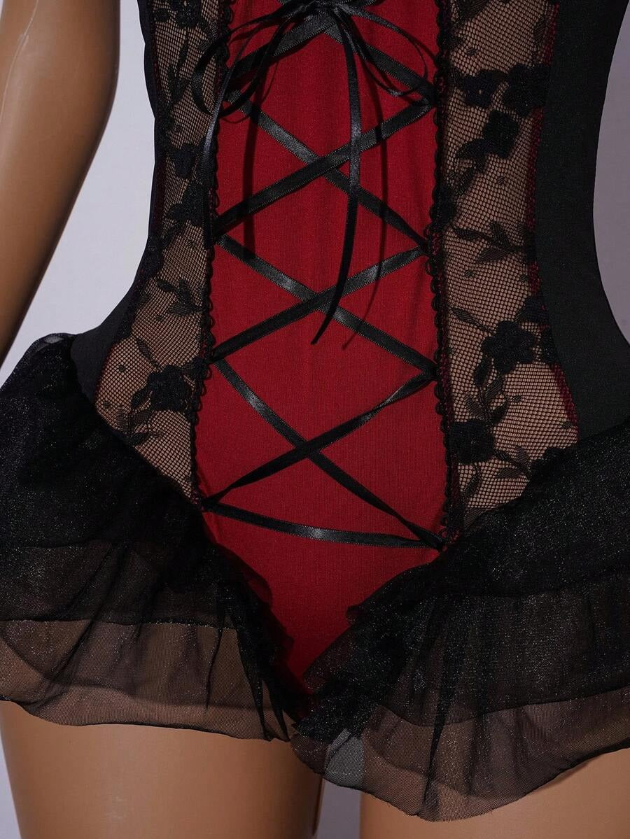 SHEIN  طقم 4 قطع لزي نسائي بنقشة دانتيل وفيونكة بلون أسود