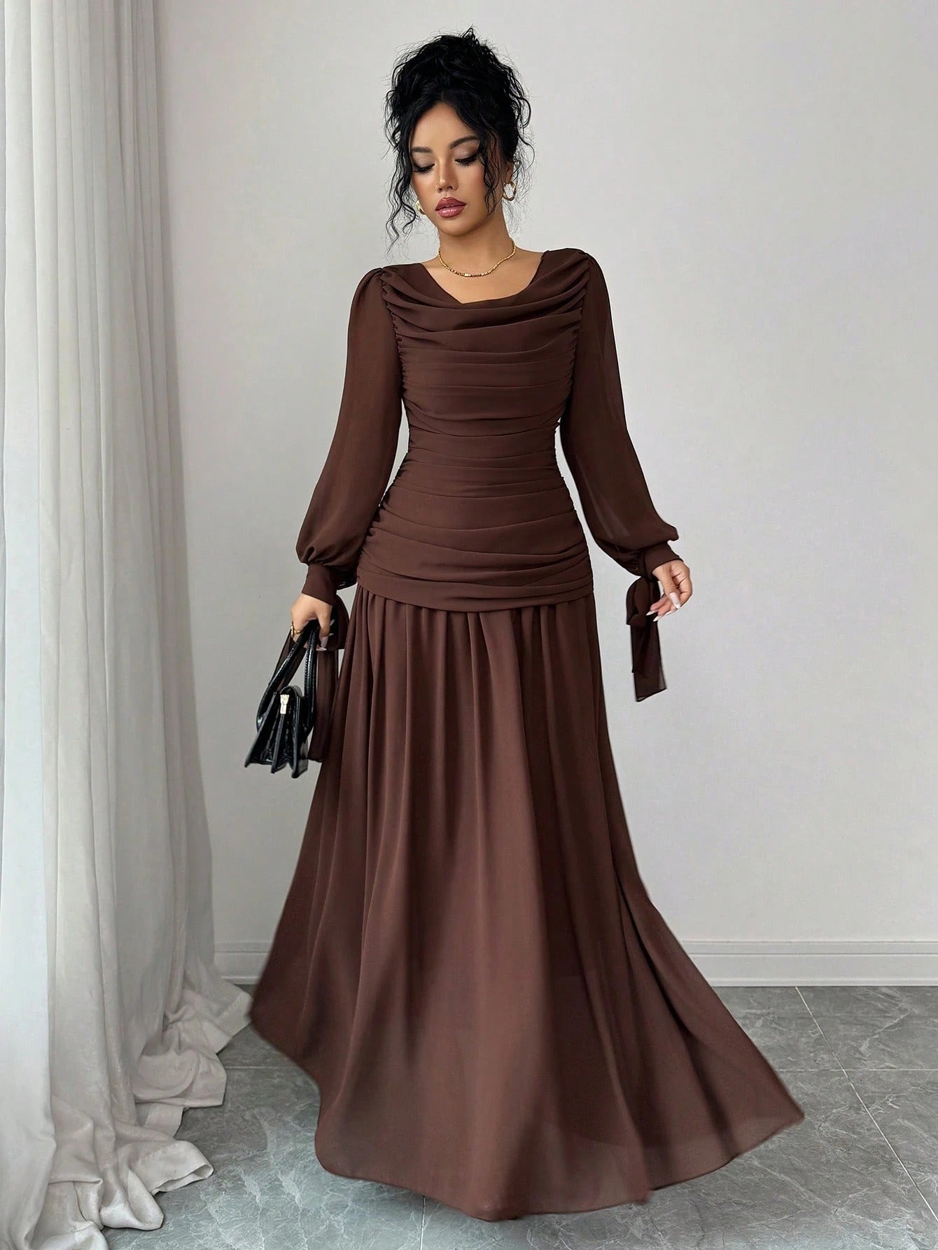 SHEIN Elenzga فستان شيفون بني أنيق بأكمام فانوس وطوق مكشكش وربطة خصر