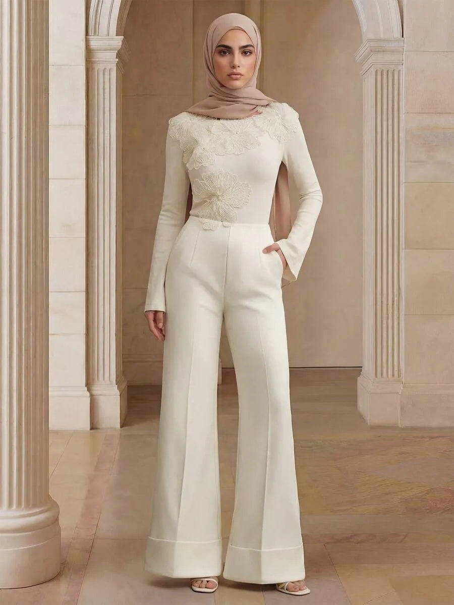 SHEIN Anewsta Essential بنطلون بلون بيج طويل واسع الساق بخصر منخفض