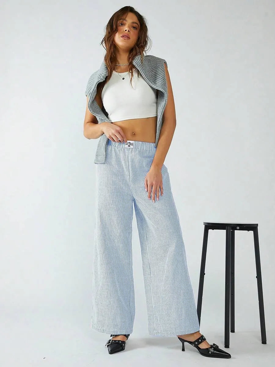 SHEIN EZwear بنطلون نسائي مخطط واسع الساق