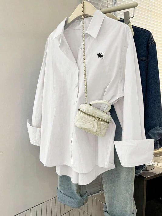 SHEIN قميص نسائي كاجوال طويل الأكمام بتطريز وأزرار