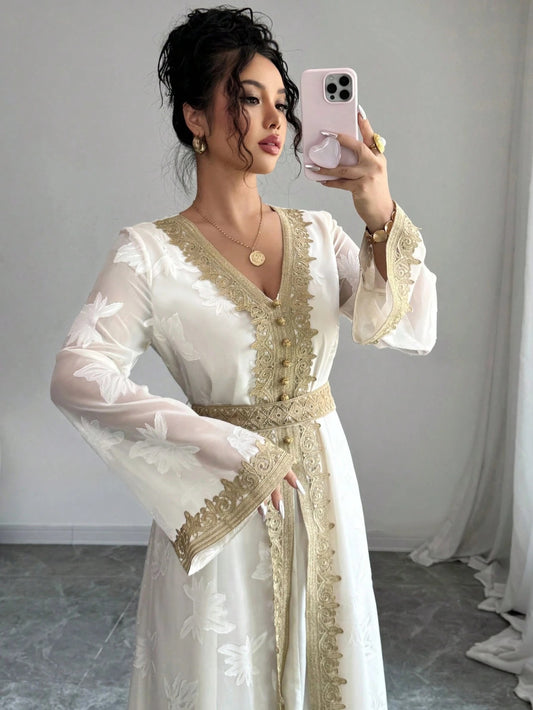 SHEIN Rafferiza فستان بياقة V وأكمام طويلة دانتيل