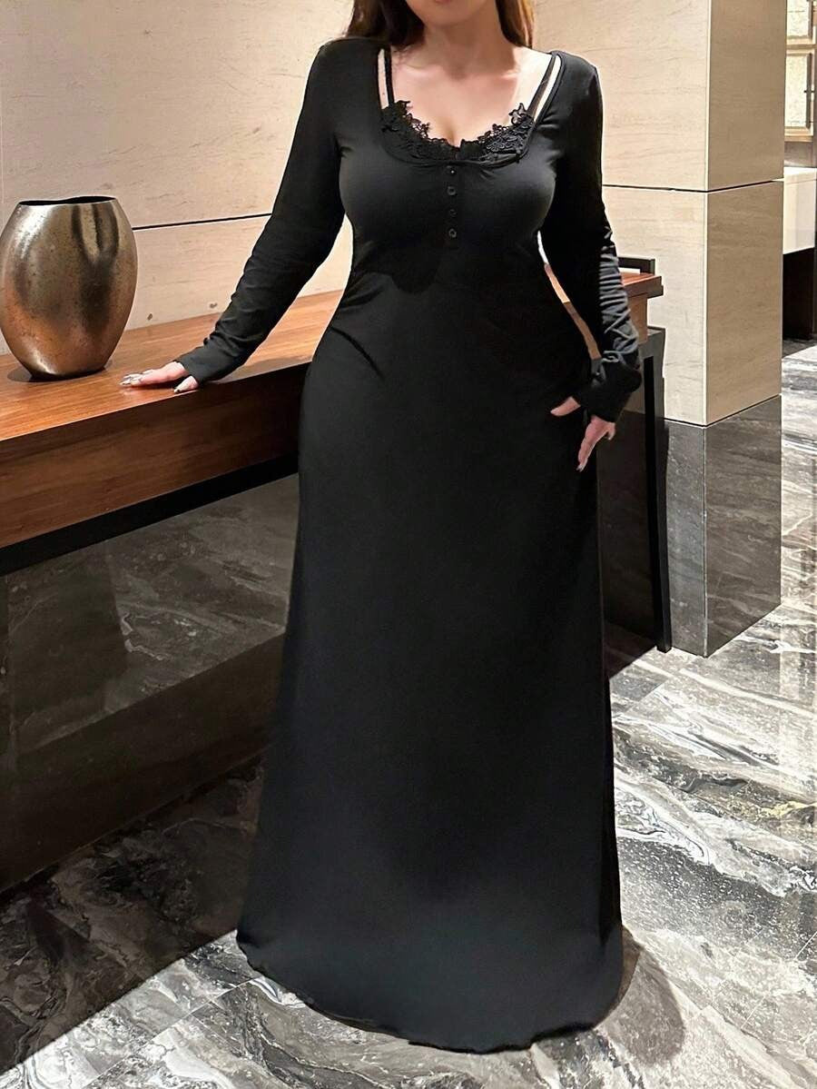 SHEIN Vibekara فستان طويل أسود مزين بالدانتيل والزهور