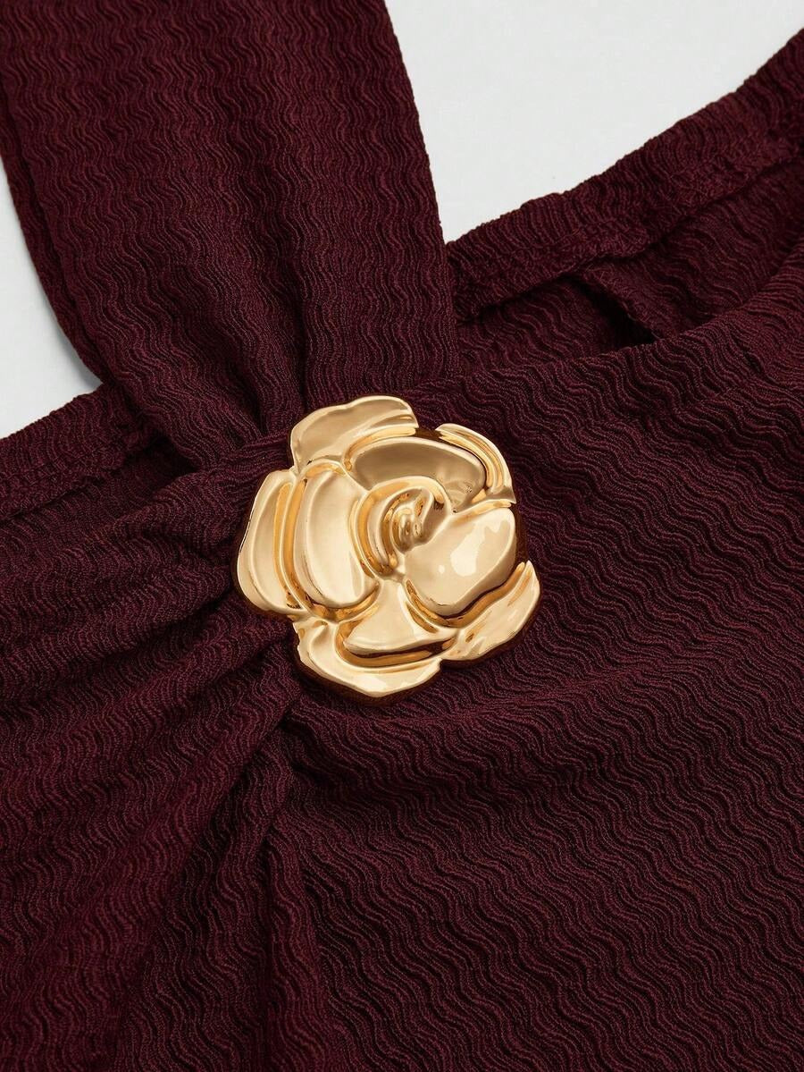 SHEIN Elenzga فستان ماكسي عنابي مقاس كبير بأكتاف غير متماثلة