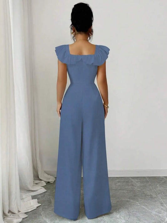 SHEIN Elenzga جمبسوت نسائي أنيق بياقة مربعة وكشكشة وبنطال واسع من
