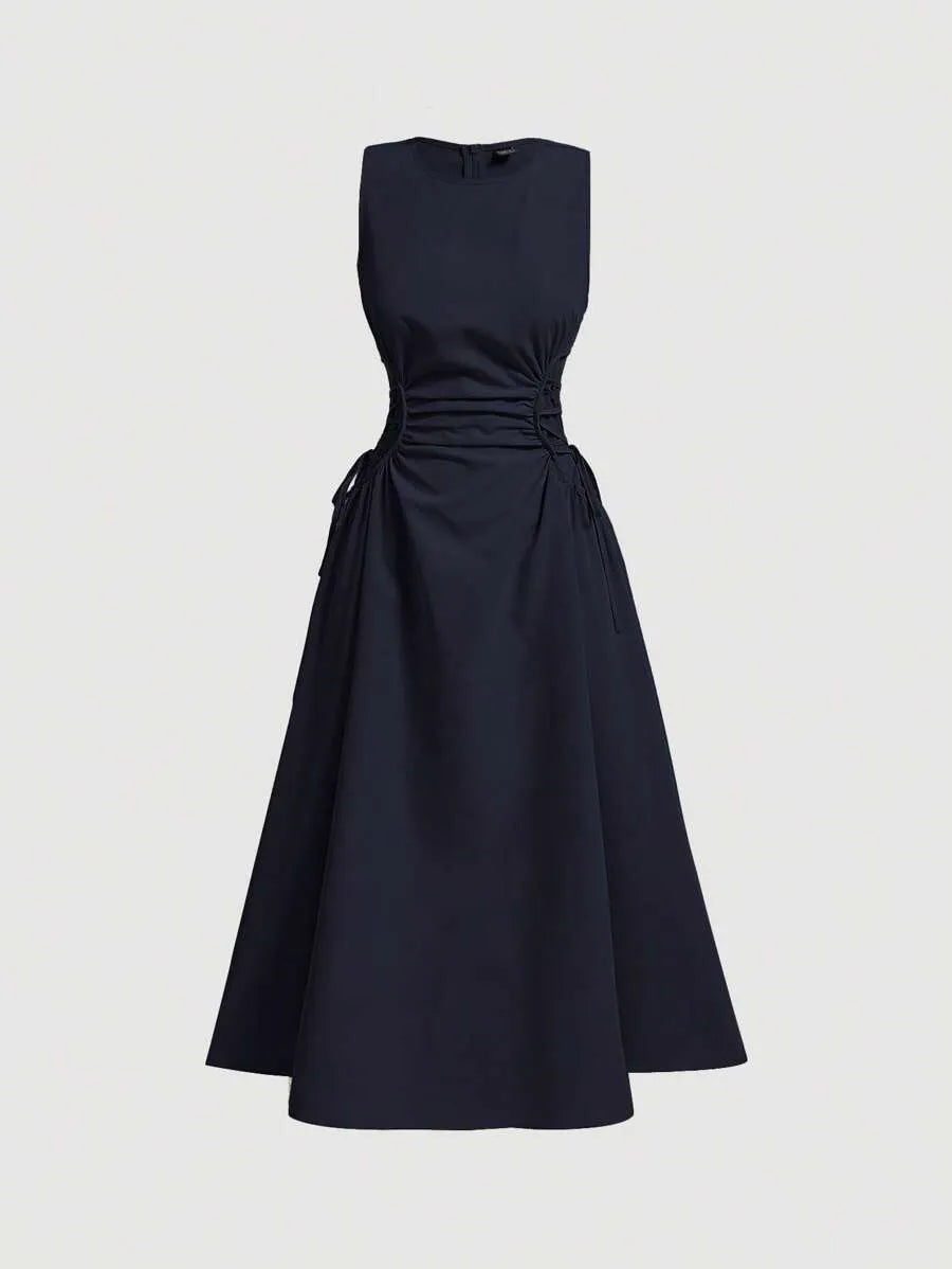 SHEIN MOD فستان نسائي طويل بدون أكمام بخصر عالٍ وربطة جانبية بلون أزرق بحري