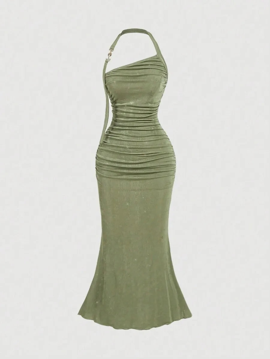 SHEIN MOD فستان نسائي ضيق مكشكش بظهر مكشوف وذيل سمكة بلون أخضر