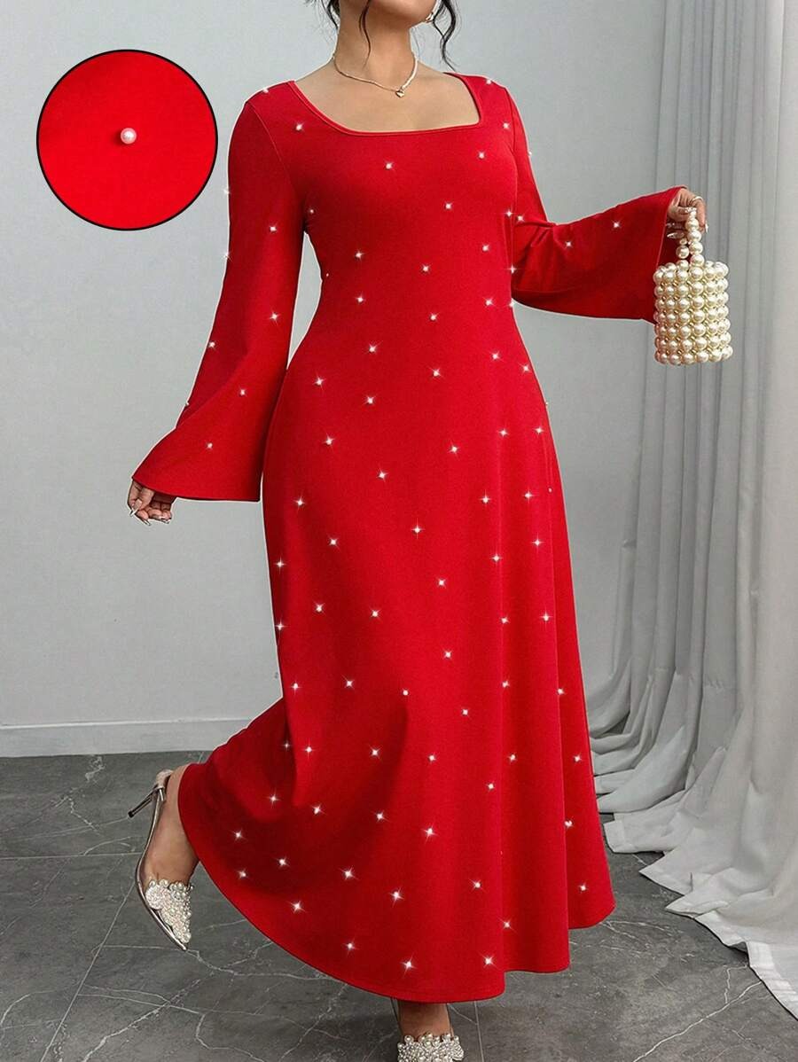 SHEIN Elenzga فستان طويل أنيق مزين بالخرز بلون أحمر