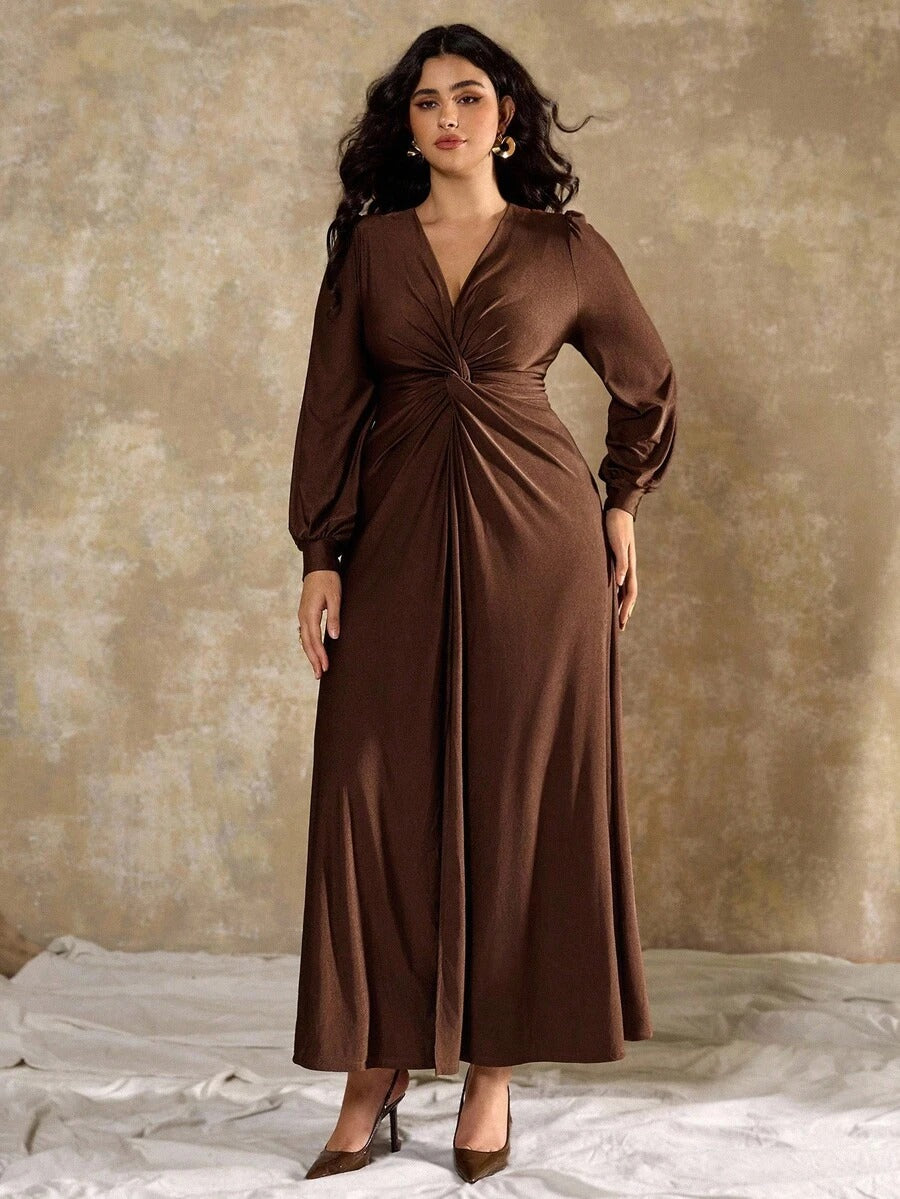 SHEIN Roveilla فستان بني ناعم بقصة فرنسية