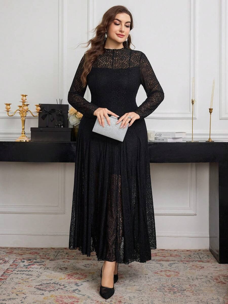 SHEIN Modelyn فستان طويل دانتيل أنيق بلون أسود