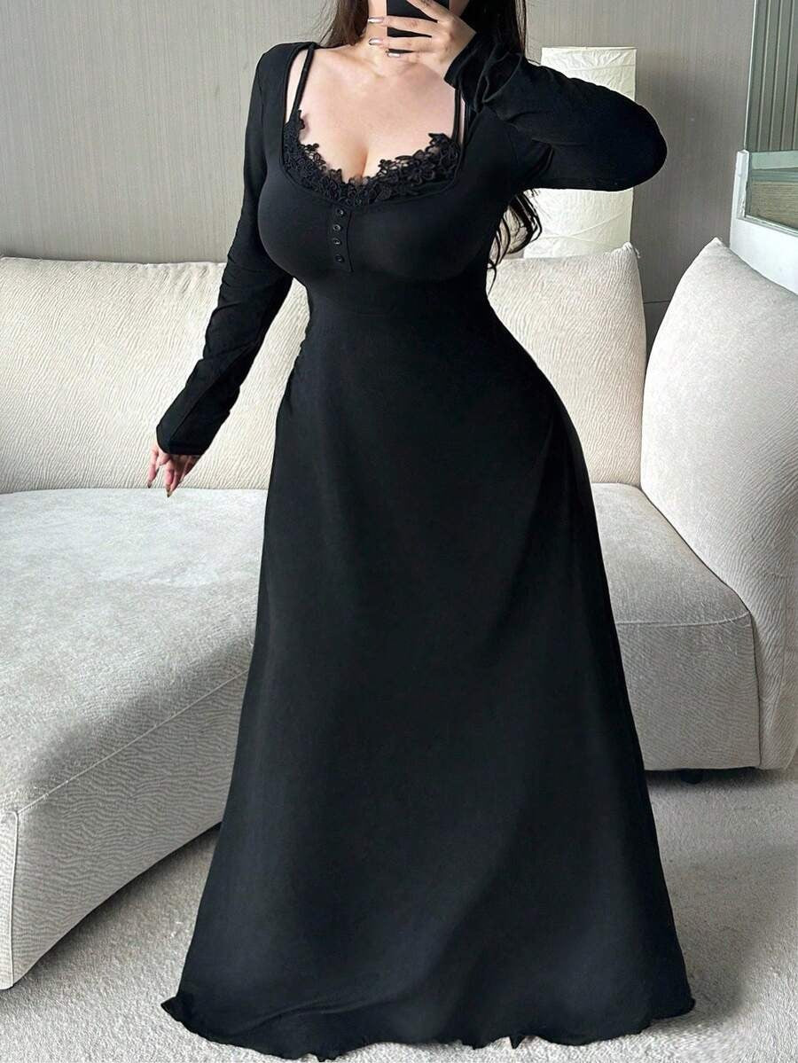 SHEIN Vibekara فستان طويل أسود مزين بالدانتيل والزهور