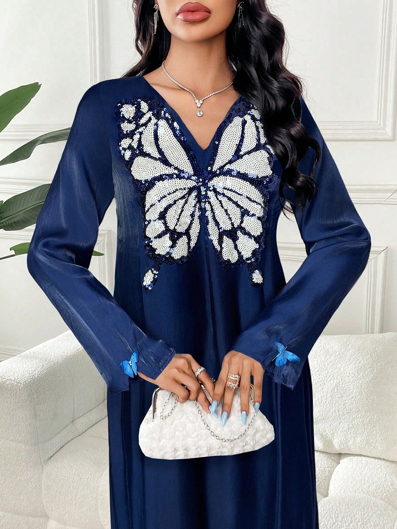 SHEIN Yasmyna  V جلابية قفطان أنيقة بياقة مزينة بترتر فراشة