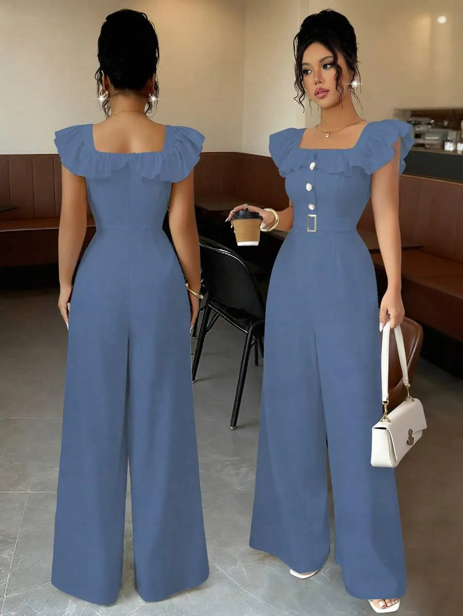 SHEIN Elenzga جمبسوت نسائي أنيق بياقة مربعة وكشكشة وبنطال واسع من