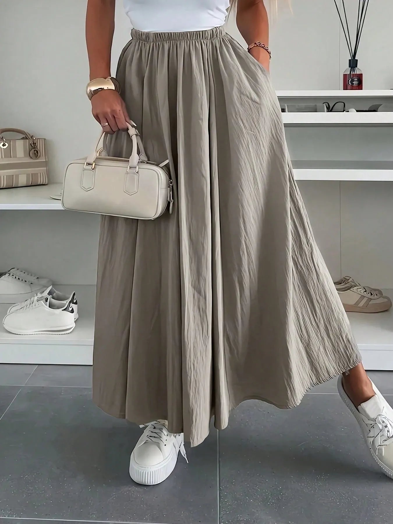 SHEIN تنورة طويلة كاجوال بخصر مرتفع مطاطي وجيوب عملية
