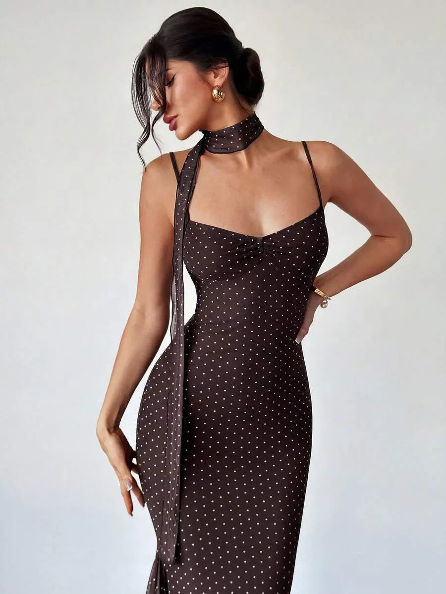 SHEIN Firerie فستان نسائي بني جديد بنقاط بولكا مع تصميم ذيل سمكة وحمالات سباغيتي