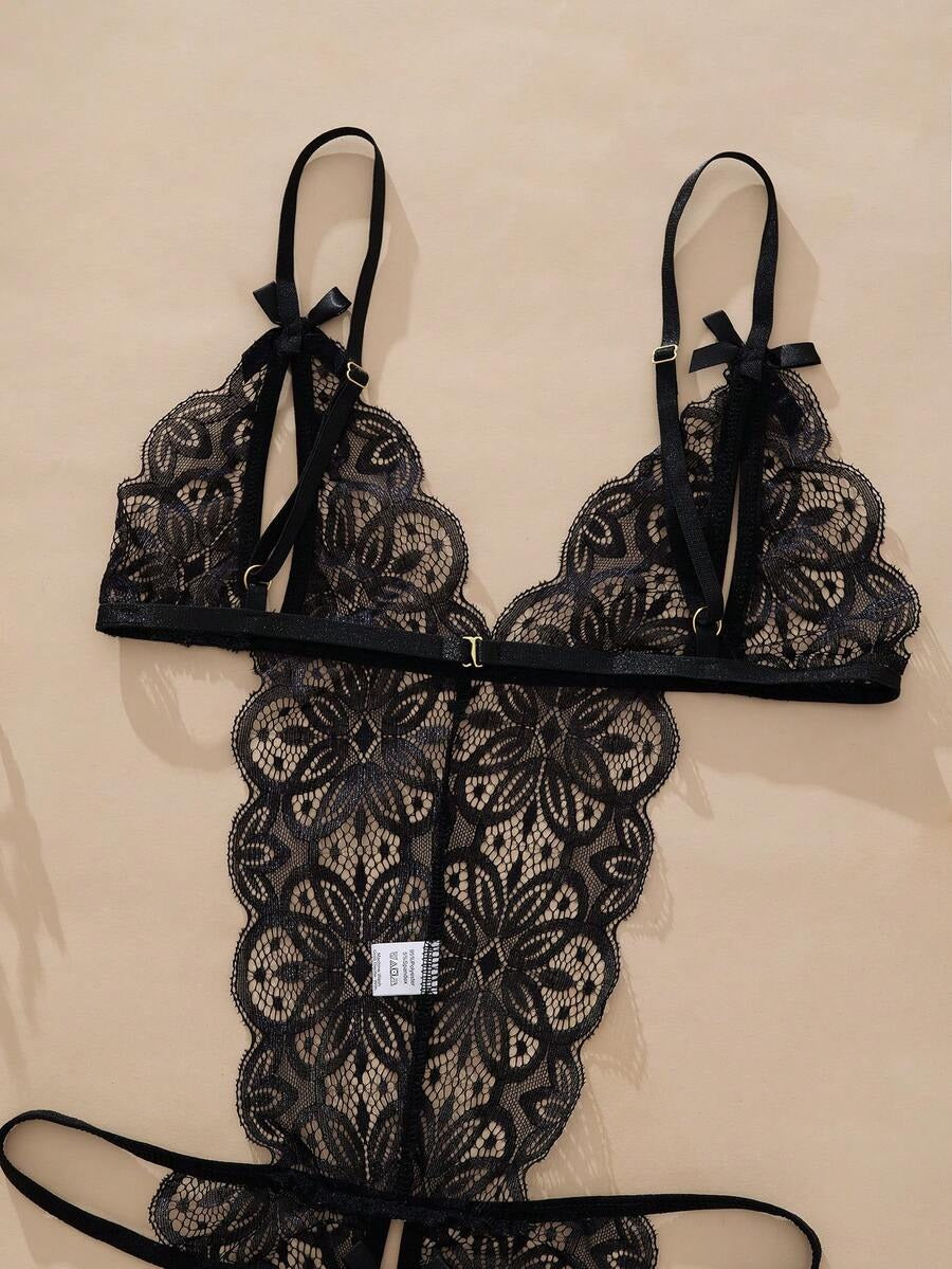 SHEIN Ning xue yan ying بوديسوت دانتيل أسود مفتوح مع فيونكة