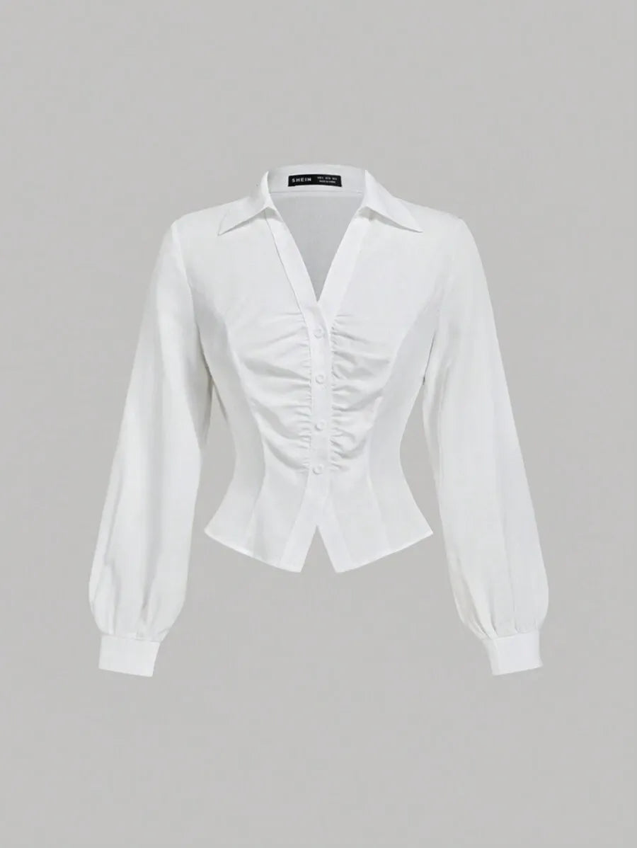 SHEIN MOD قميص نسائي بأكمام طويلة واسعة من الأعلى وياقة وأزرار أمامية وثنيات بلون أبيض