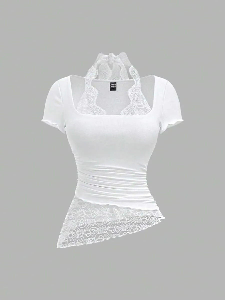 SHEIN MOD تي شيرت نسائي محبوك بحافة غير متماثلة وكشكشة بلون أبيض