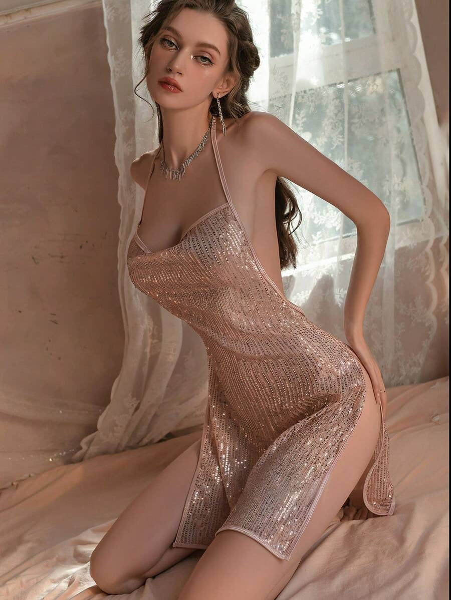 SHEIN فستان نوم وردي ضيق بفتحة ظهر وشق عالي