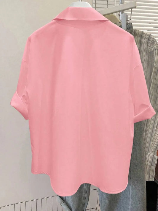 SHEIN Resyla بلوزة كاجوال بأكمام مدلفنة بلون سادة للنساء
