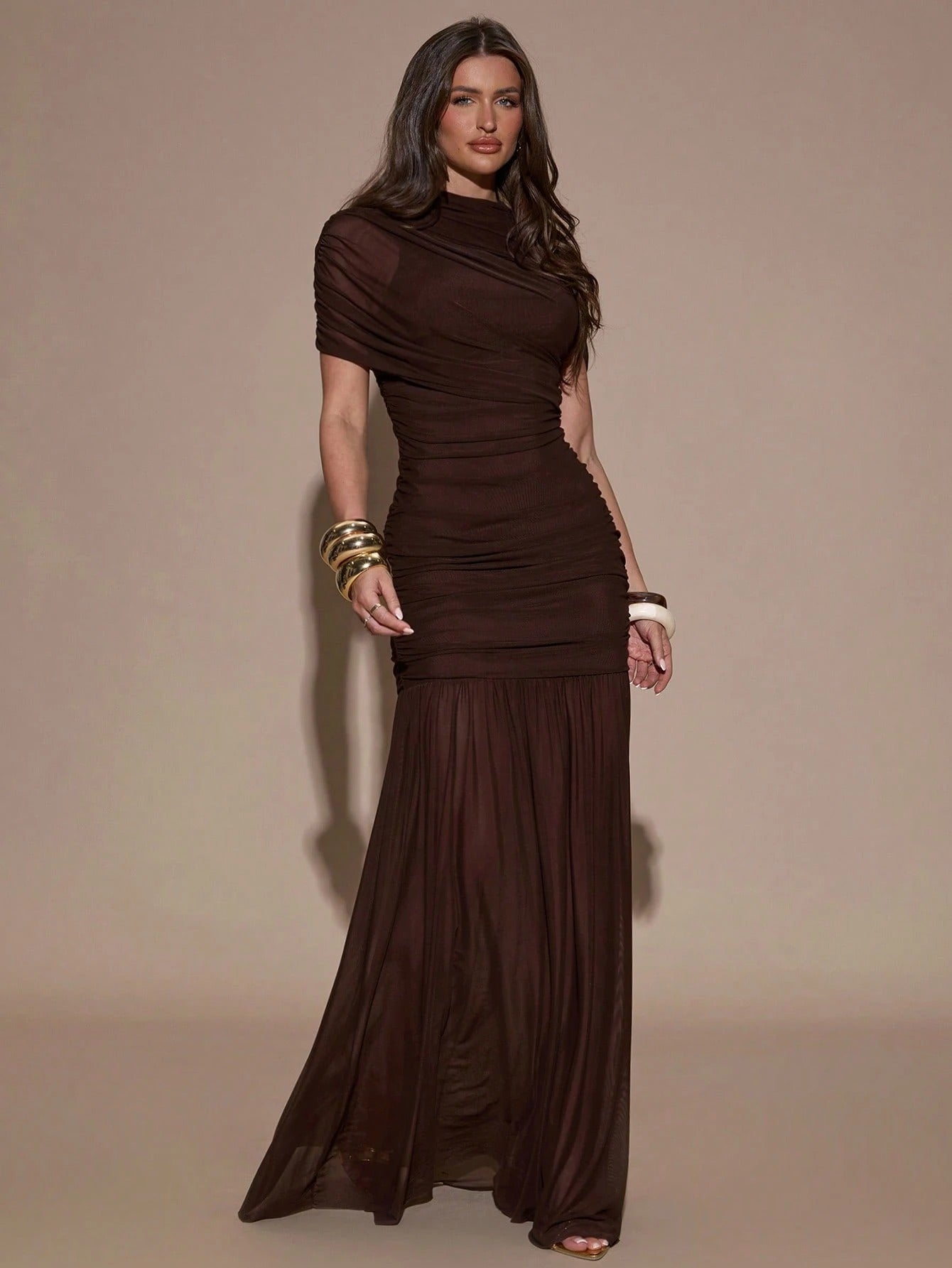 SHEIN BAE فستان بني ضيق مطوي أنيق