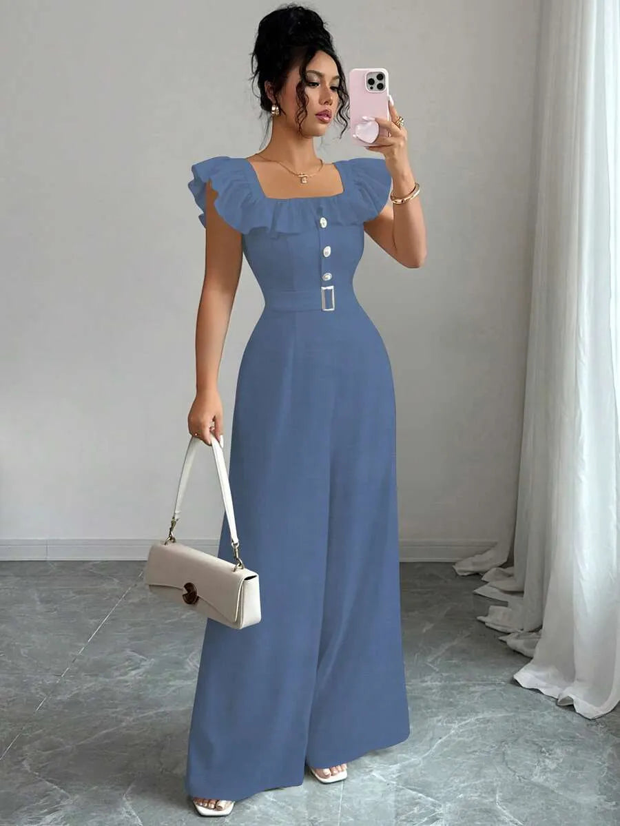 SHEIN Elenzga جمبسوت نسائي أنيق بياقة مربعة وكشكشة وبنطال واسع من