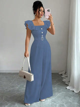SHEIN Elenzga جمبسوت نسائي أنيق بياقة مربعة وكشكشة وبنطال واسع