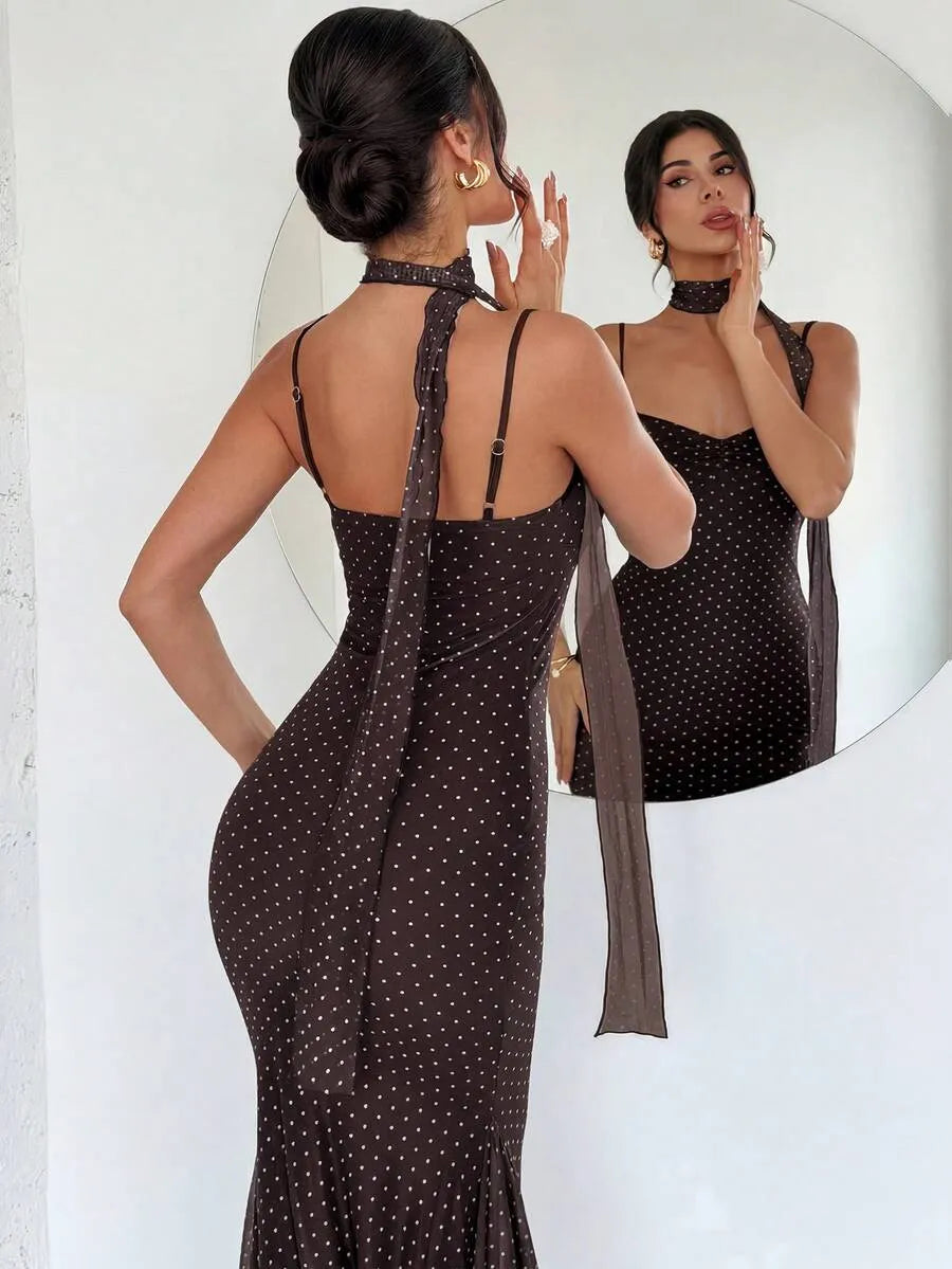 SHEIN Firerie فستان نسائي بني جديد بنقاط بولكا مع تصميم ذيل سمكة وحمالات سباغيتي