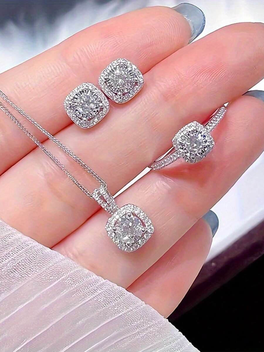 SHEIN طقم فضة 4 قطع مزين ألماس