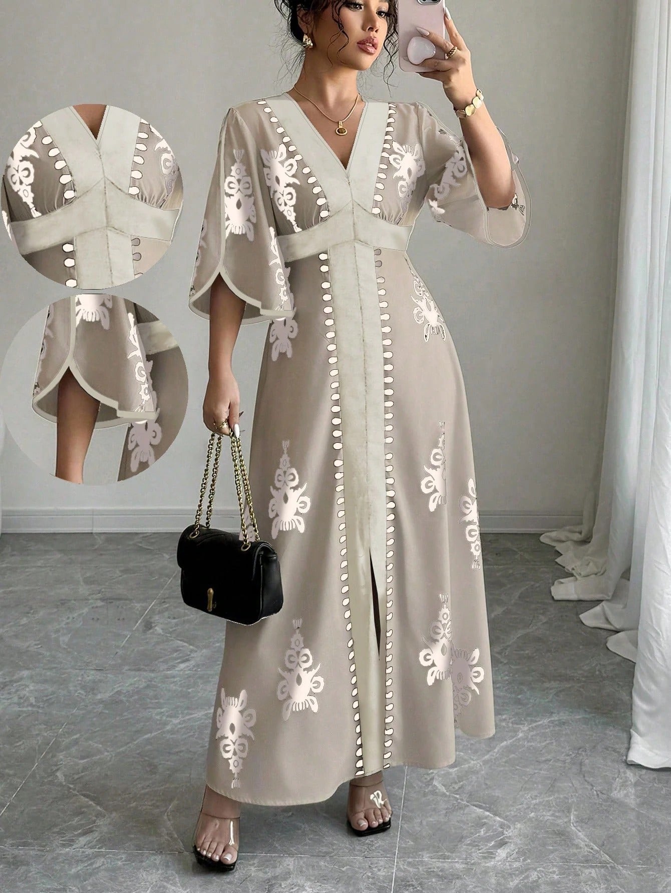 SHEIN Rafferiza فستان كاجوال طويل مطبوع بجرافيك بأكمام طويلة