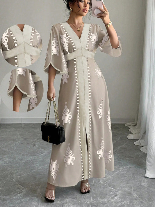 SHEIN Rafferiza فستان كاجوال طويل مطبوع بجرافيك بأكمام طويلة