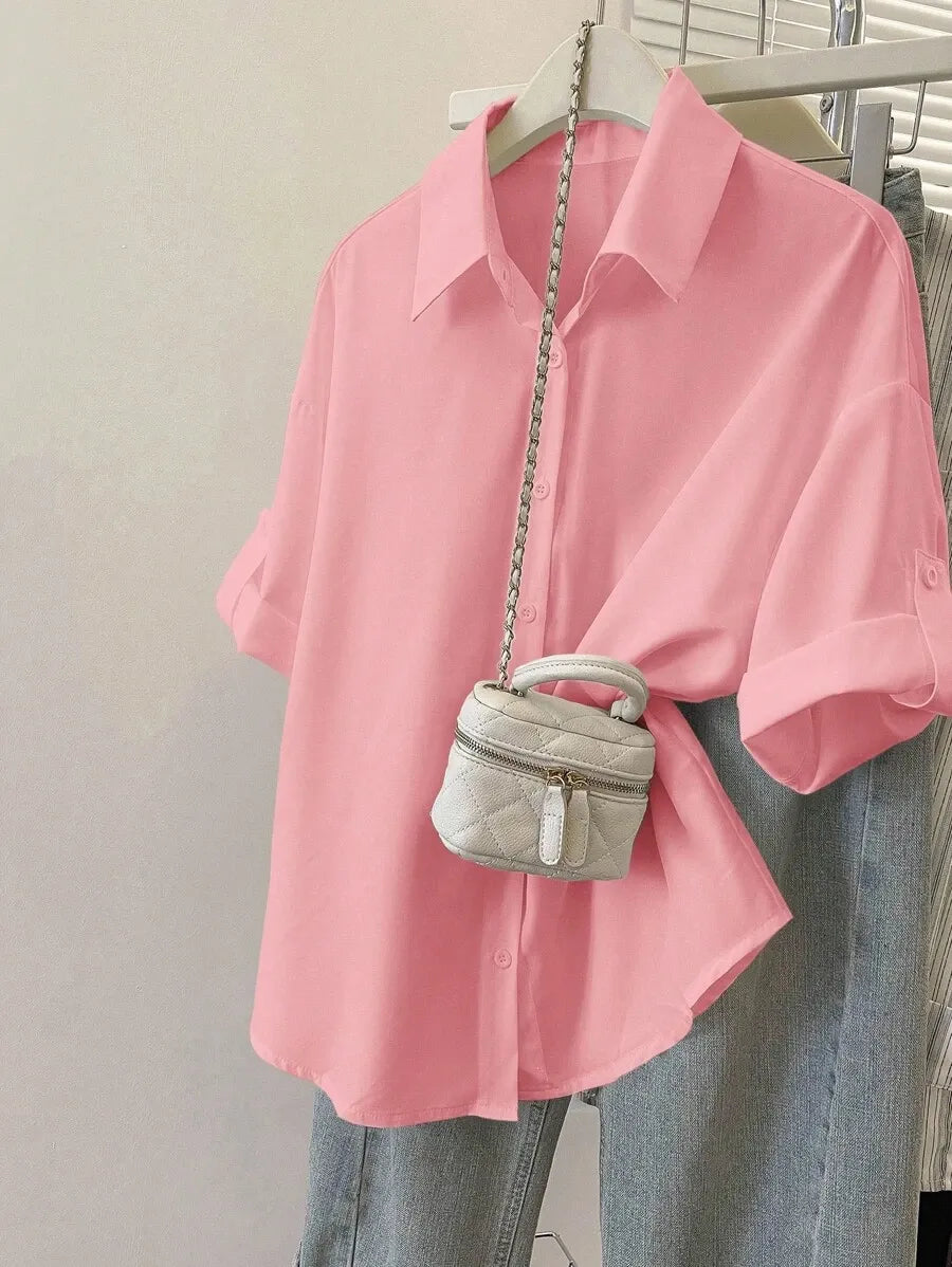 SHEIN Resyla بلوزة كاجوال بأكمام مدلفنة بلون سادة للنساء