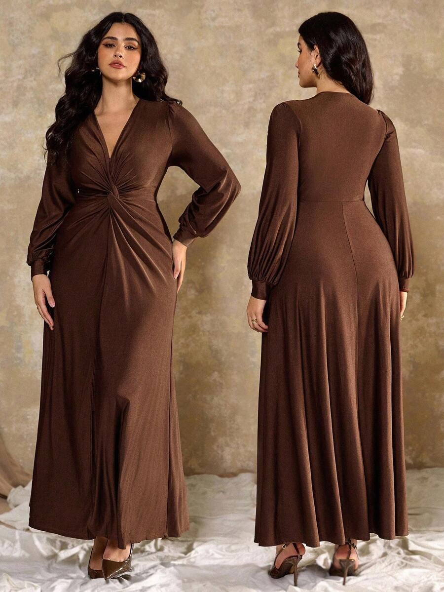 SHEIN Roveilla فستان بني ناعم بقصة فرنسية