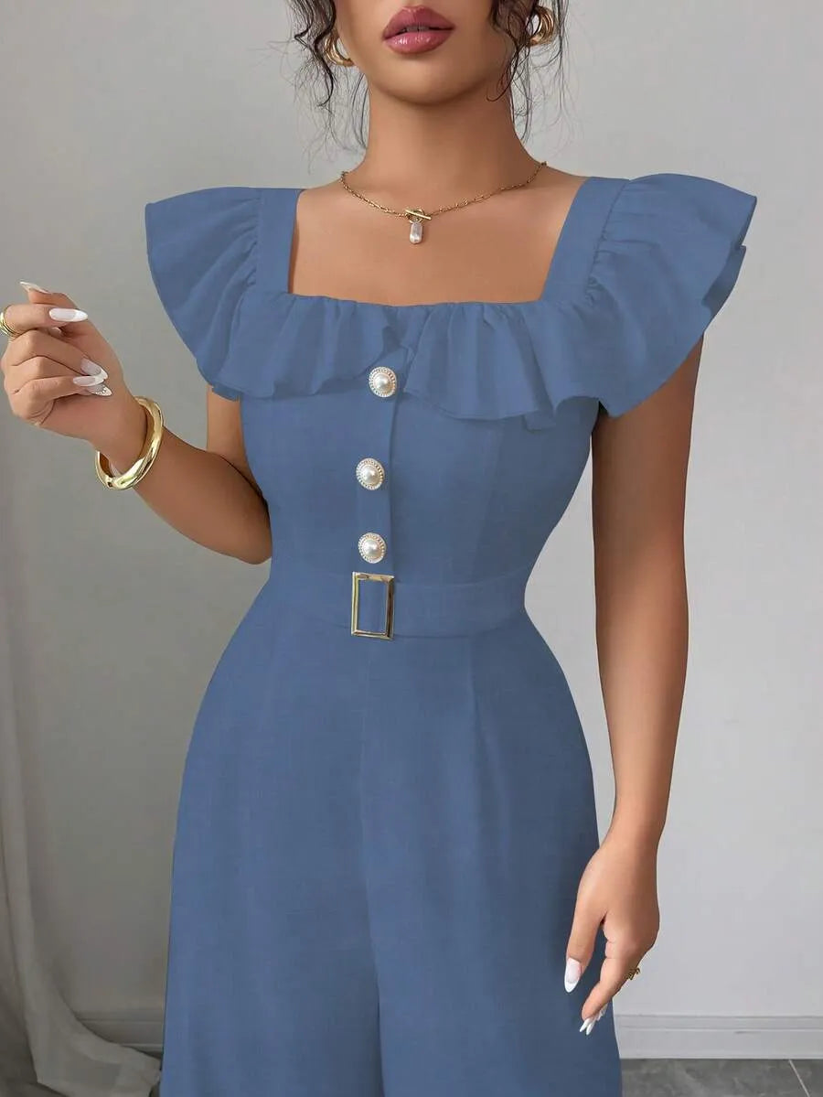 SHEIN Elenzga جمبسوت نسائي أنيق بياقة مربعة وكشكشة وبنطال واسع من