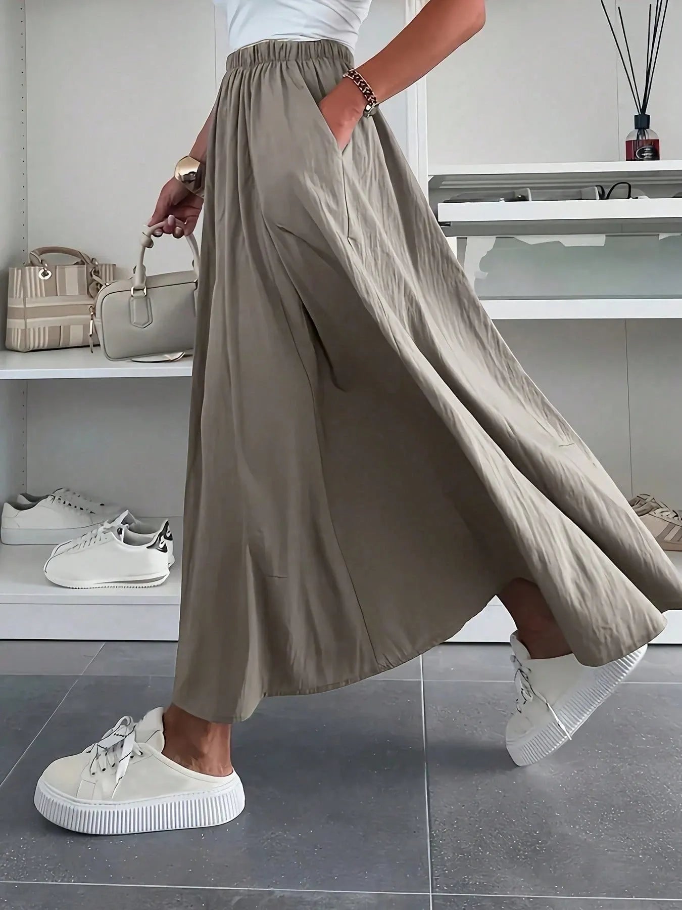 SHEIN تنورة طويلة كاجوال بخصر مرتفع مطاطي وجيوب عملية