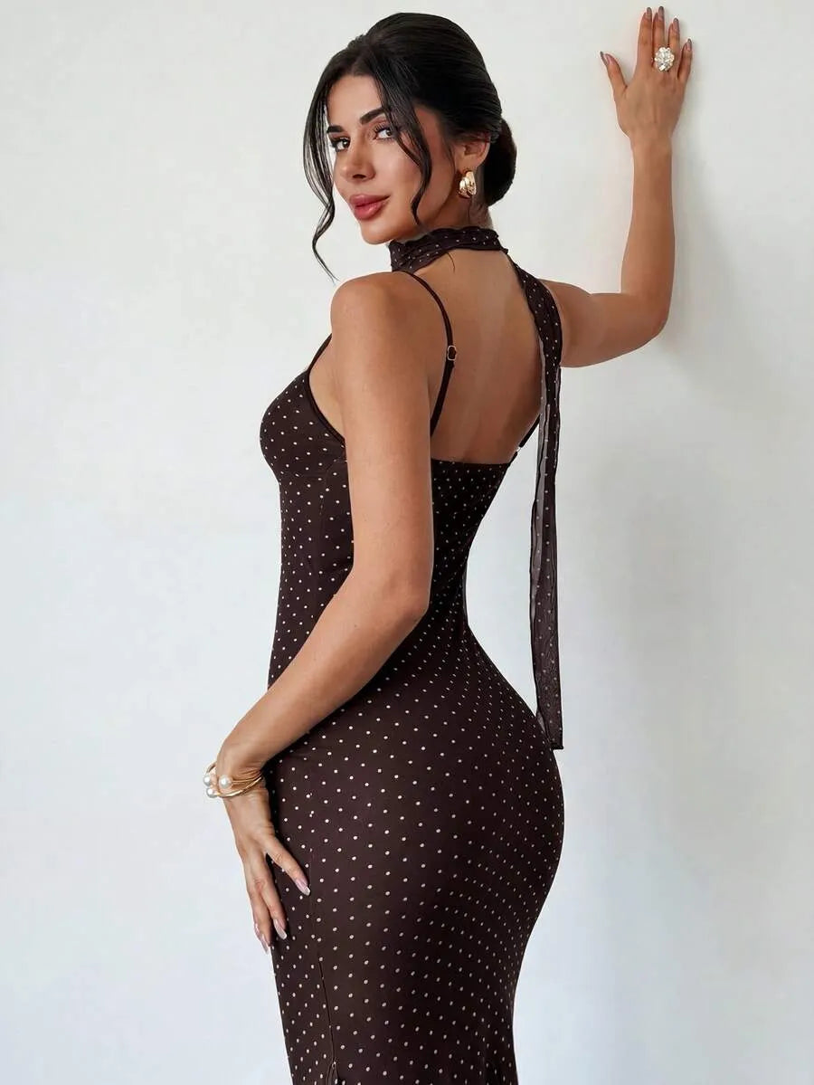 SHEIN Firerie فستان نسائي بني جديد بنقاط بولكا مع تصميم ذيل سمكة وحمالات سباغيتي