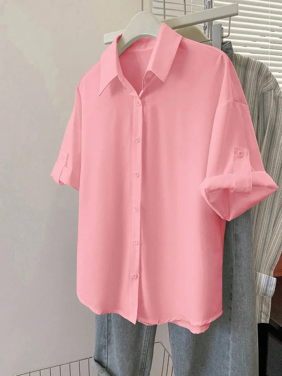 SHEIN Resyla بلوزة كاجوال بأكمام مدلفنة بلون سادة للنساء