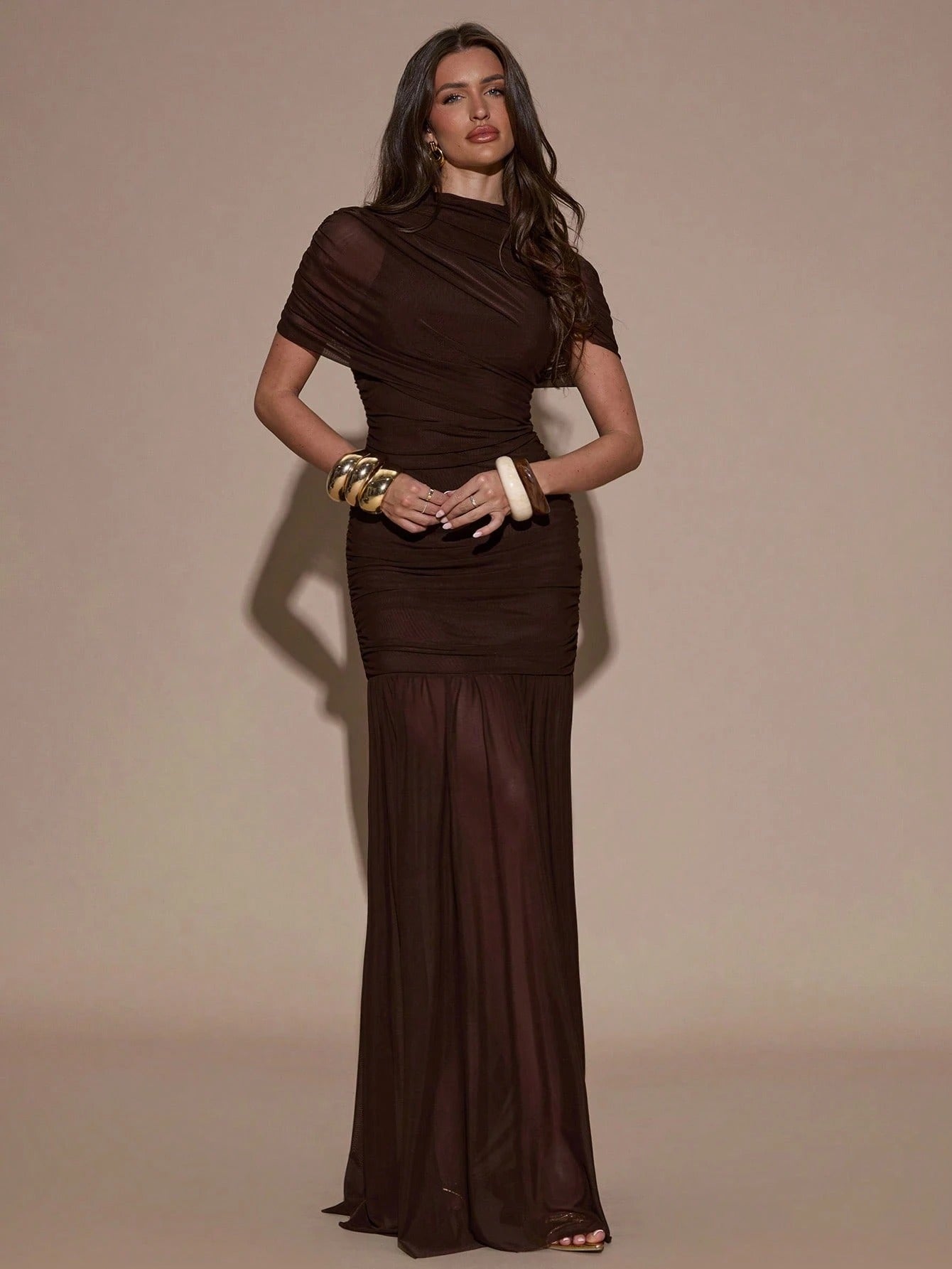 SHEIN BAE فستان بني ضيق مطوي أنيق