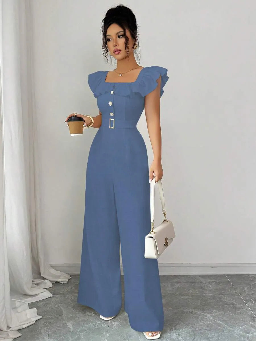 SHEIN Elenzga جمبسوت نسائي أنيق بياقة مربعة وكشكشة وبنطال واسع من