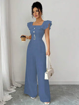SHEIN Elenzga جمبسوت نسائي أنيق بياقة مربعة وكشكشة وبنطال واسع