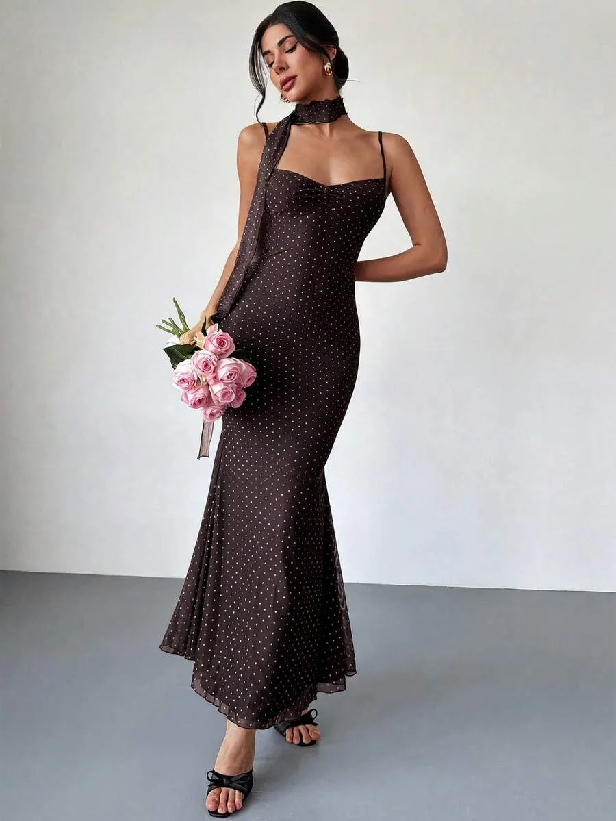SHEIN Firerie فستان نسائي بني جديد بنقاط بولكا مع تصميم ذيل سمكة وحمالات سباغيتي
