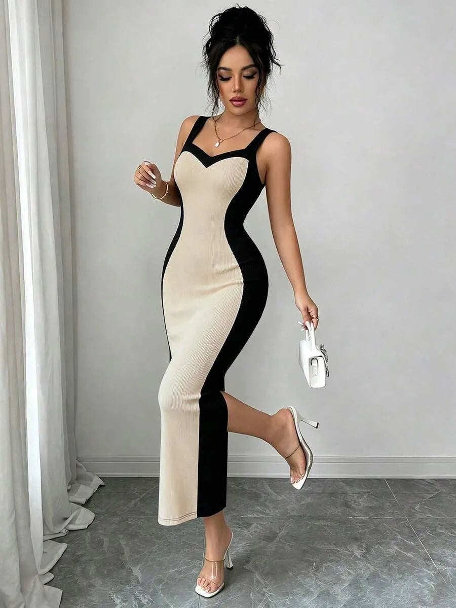 SHEIN Elenzga فستان نسائي جديد بقماش متباين وقصة ضيقة بدون أكمام أسود اللون