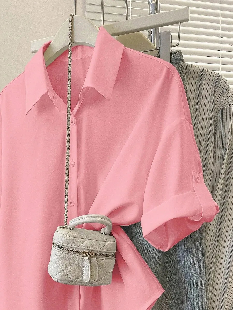 SHEIN Resyla بلوزة كاجوال بأكمام مدلفنة بلون سادة للنساء