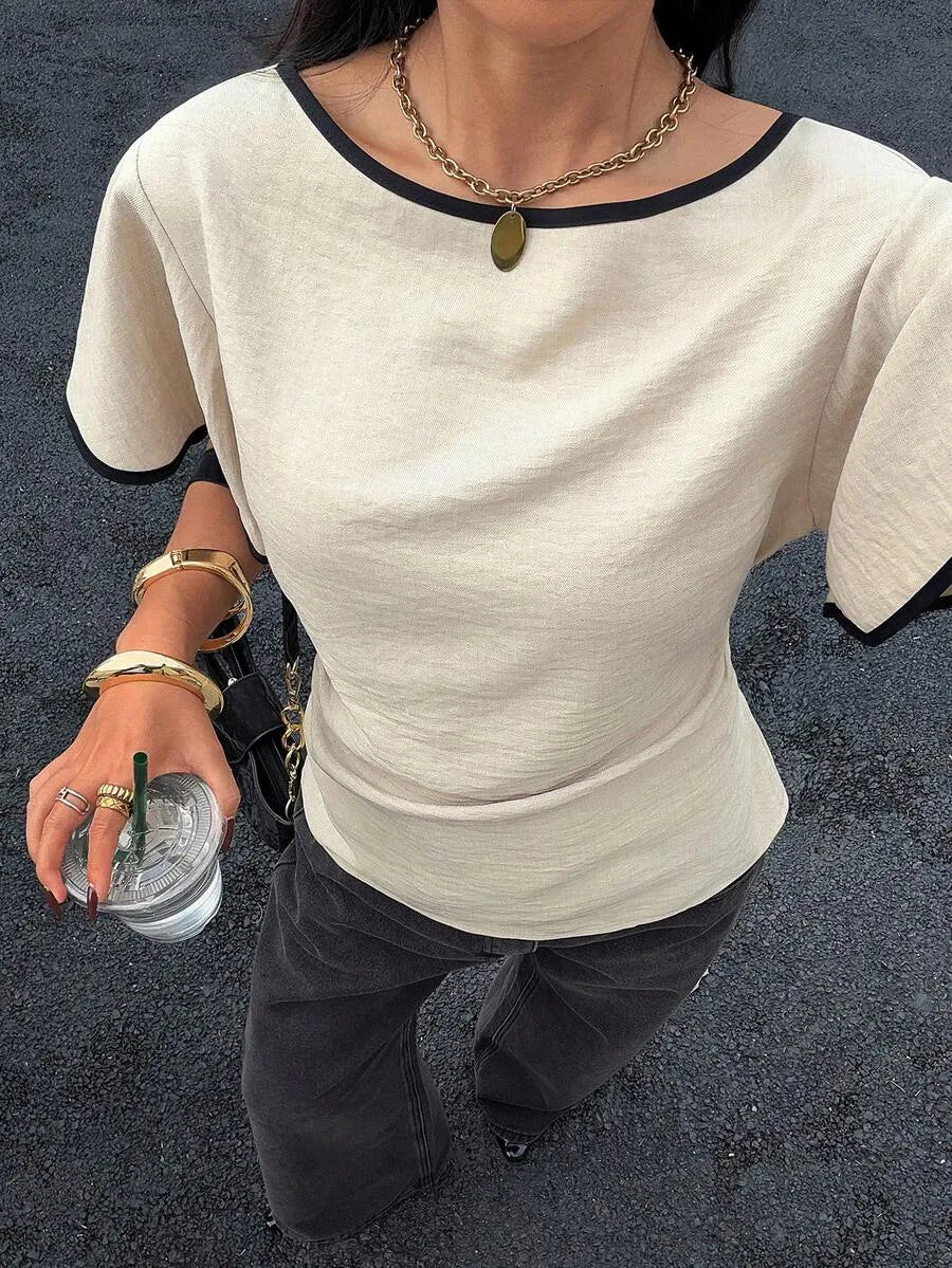 SHEIN Siren Gaze توب قطن 100% بأكمام قصيرة وتريم تباين الخصر