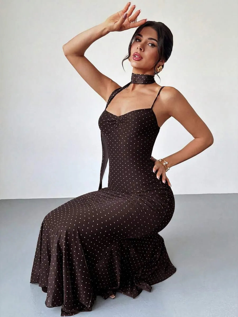SHEIN Firerie فستان نسائي بني جديد بنقاط بولكا مع تصميم ذيل سمكة وحمالات سباغيتي