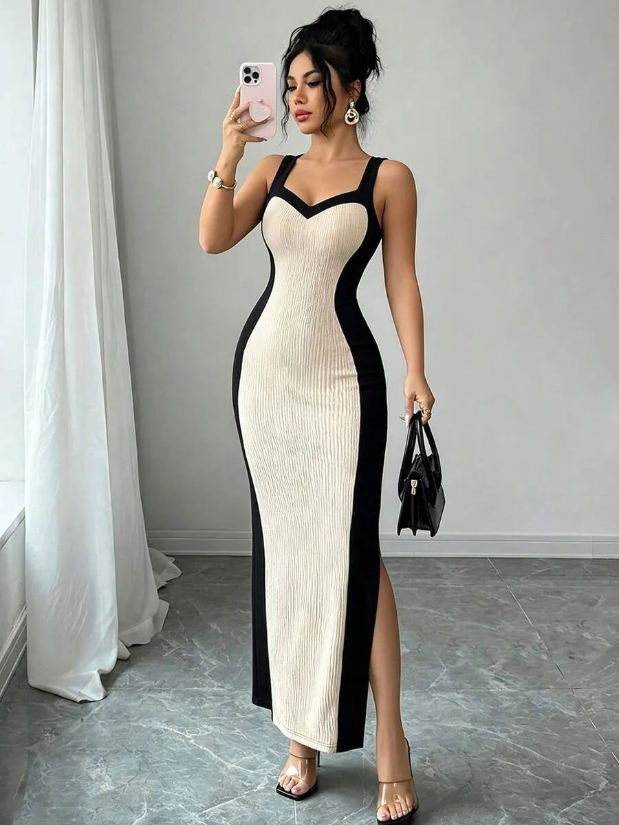 SHEIN Elenzga فستان نسائي جديد بقماش متباين وقصة ضيقة بدون أكمام أسود اللون