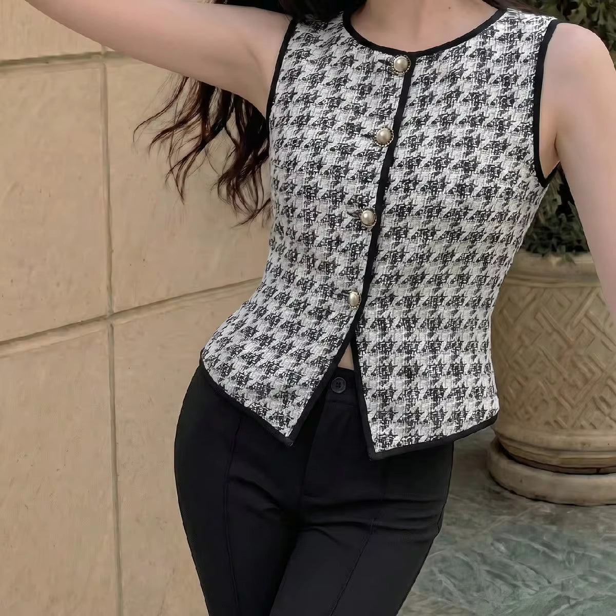 SHEIN MOD بنطلون نسائي بخصر عالٍ وتفاصيل خياطة وأرجل مقلوبة بلون أسود